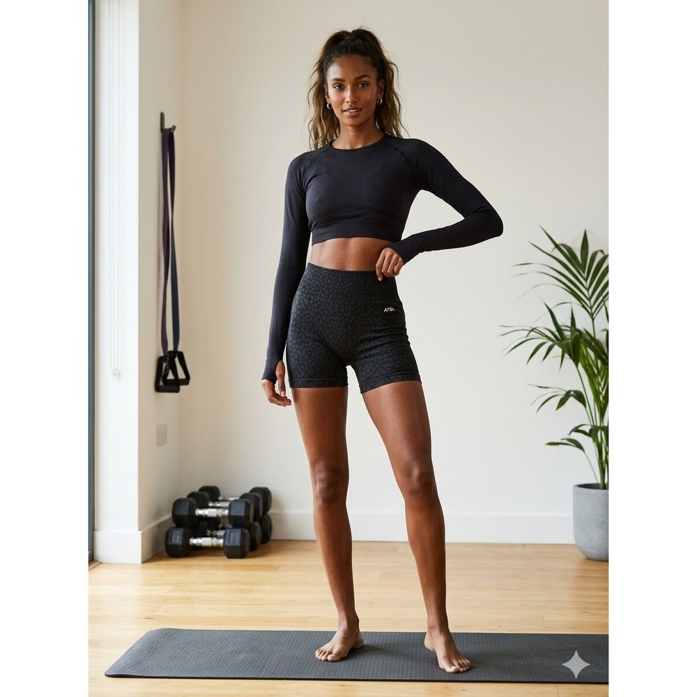 AYBL Womens Small Activewear Set Leopard Crop Top Long Sleeve Shorts Black green